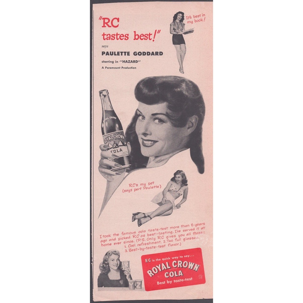 Vintage 1948 Royal Crown Cola Ad Paulette Goddard Hazard Movie RC Soda Print